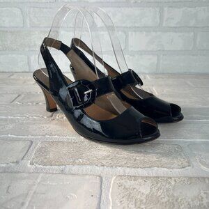 ANYI LU Mary Jane Heels Slingback Black Patent Leather Peep Toe 8 /‎ 38.5